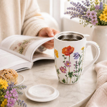 AmorArc Tea Cup With Infuser and Lid, 18oz Loose Leaf Tea Mug With Steeper | Porcelain Tea Mug With Infuser and Lid, Strainer Tea Cup for Tea Lovers, Home & Office, Housewarming Birthday Gift
