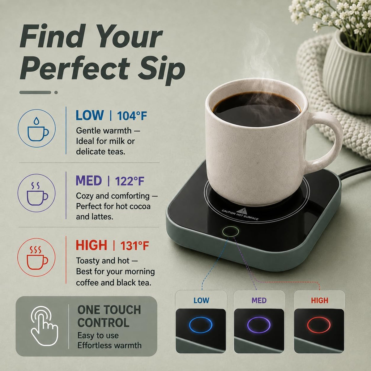 Coffee Cup Warmer, Auto Shut-Off Mug Warmer, 3 Temperature Setting