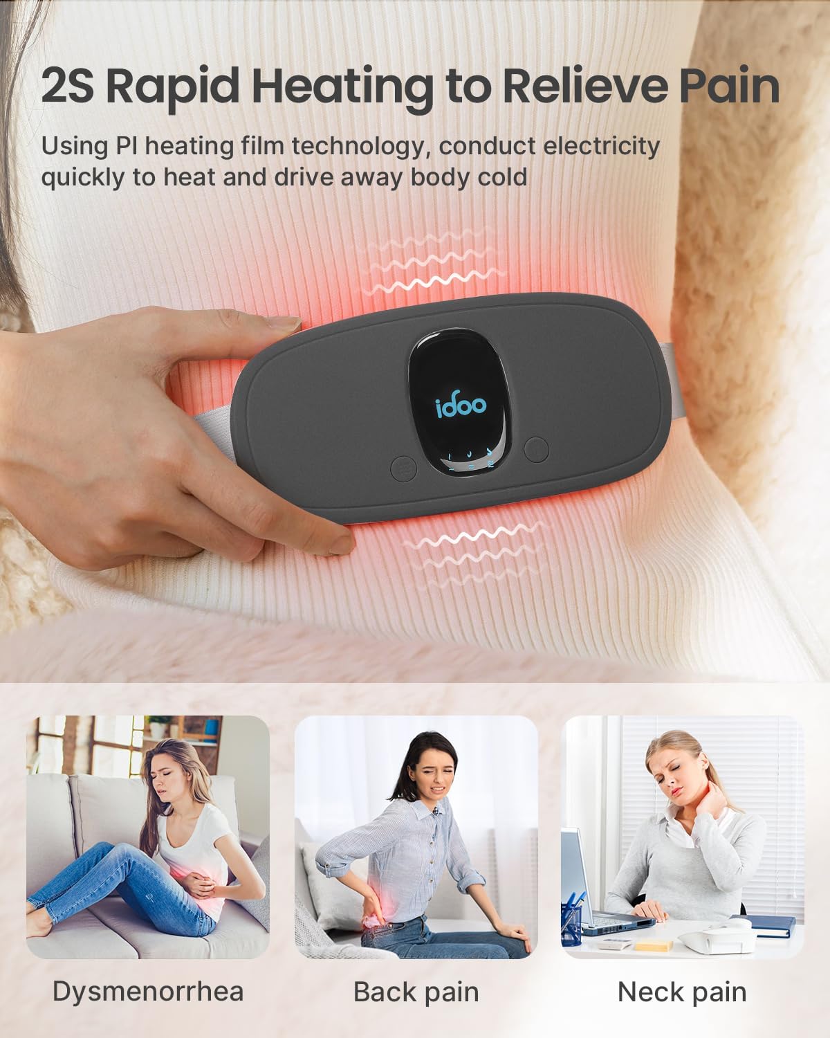 iDOO Portable Heating Pad for Period Cramps, FSA Eligible Item, Gifts for Women Girlfriend Mom Wife, Back Belly Heat Pad for Menstrual Pain Relief, with 3 Heat Levels 3 Massage | Back & Belly Wrap for Menstrual Cramps, 3 Heat Levels 3 Massage, FSA