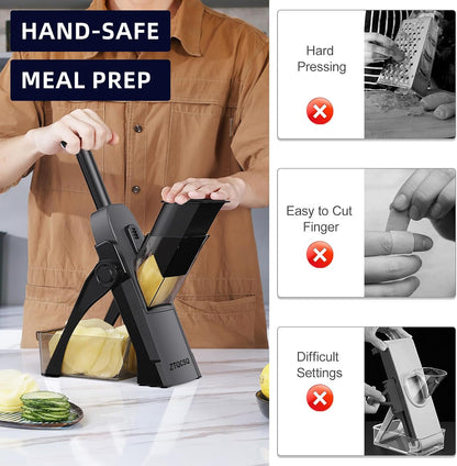 Jonscook All-in-1 Safe Mandoline Slicer for Kitchen, Vegetable Slicer with Container, Adjustable Veggie Mandoline, French Fry Cutter, Potato/Tomato/Onion Slicer, Grater/Cleaning Brush (Black Knight)