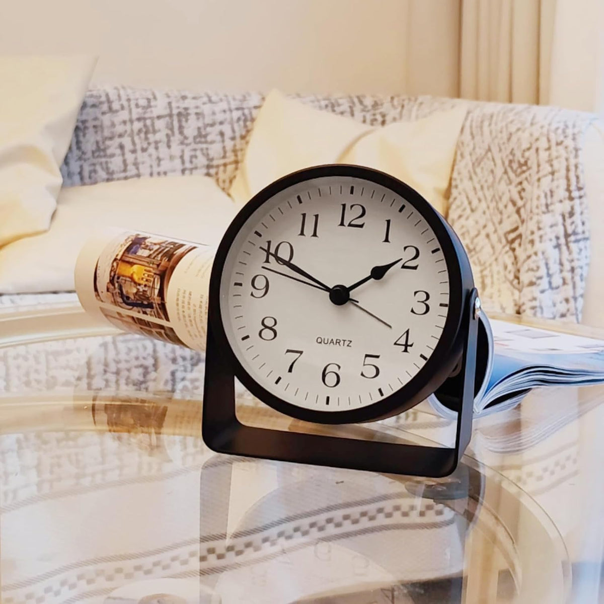 Desk Alarm Clock, Silent Non-Ticking Battery Operated Analog, Black