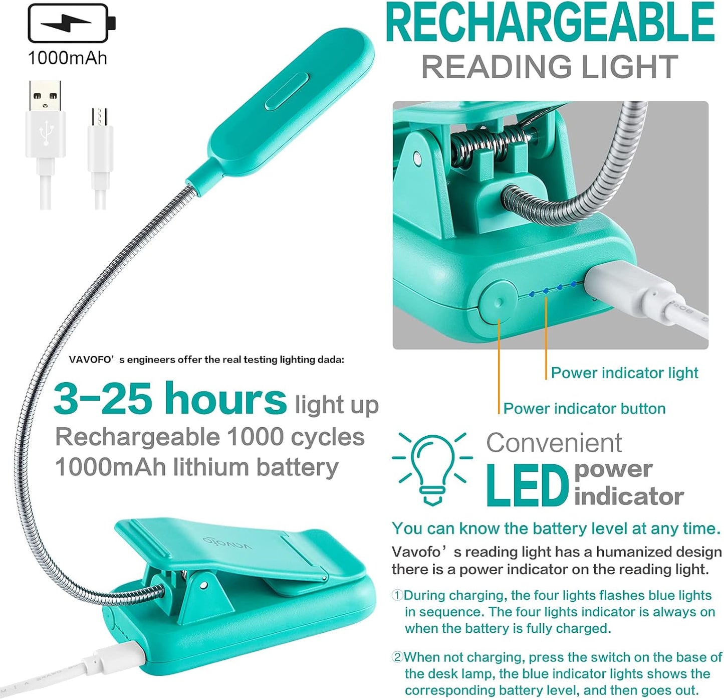 VAVOFO Rechargeable Book Light for Reading in Bed Kids, 7 LED Reading Light with 9-Level Warm Cool White Daylight, Eye Care Lamp with Power Indicator for Bookworms (Yellow)