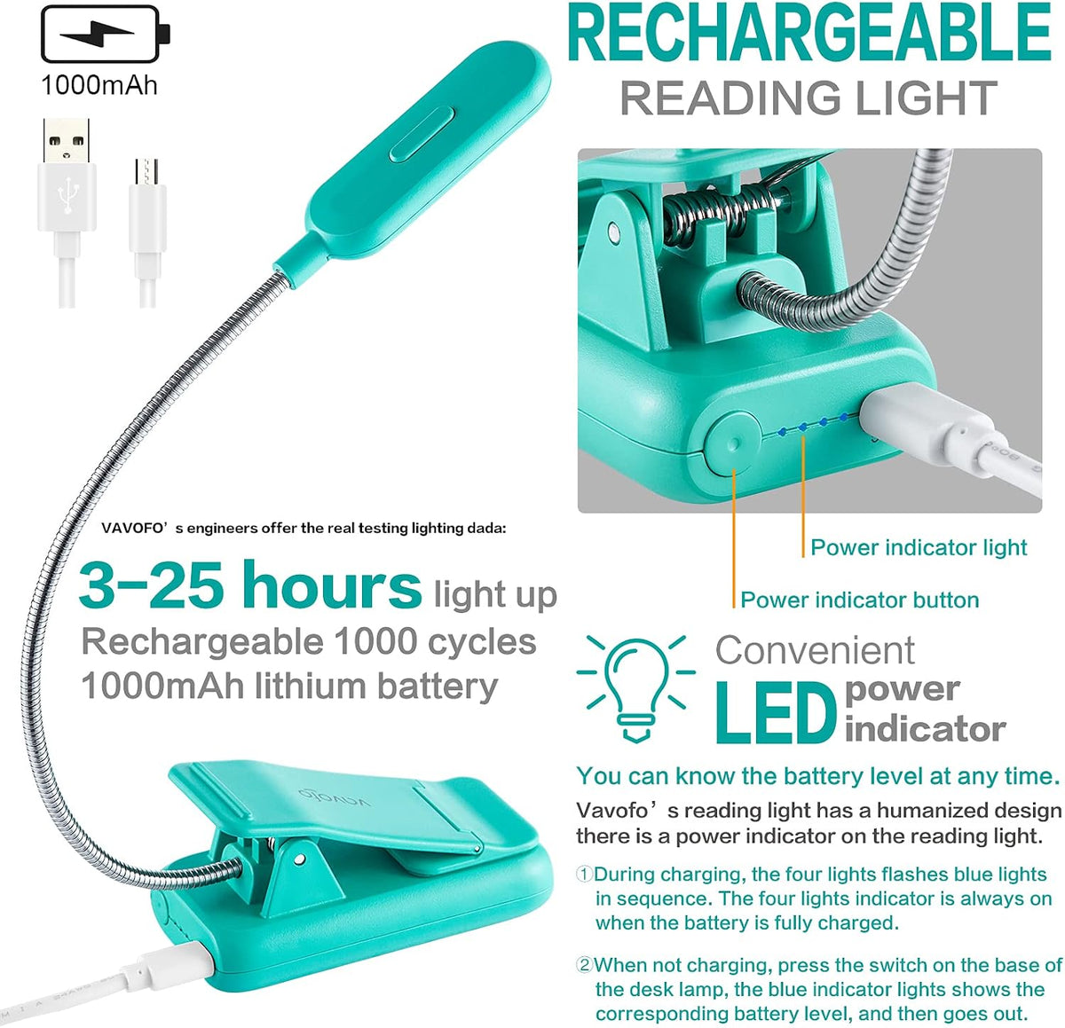 VAVOFO Rechargeable Reading Light, Clip on Book Light for Reading in Bed