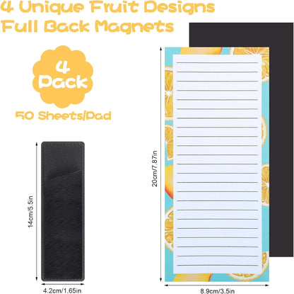 Thboxes 4 Pack Magnetic Note Pad for Fridge with Pen Holder, Totally 200 Sheets Grocery List Magnet Pad for Refrigerator Magnetic Shopping List Pad（Fruit Design） | Full-Back Magnet, 80Gsm FSC-certified Paper, School Office Home Supplies Grocery List