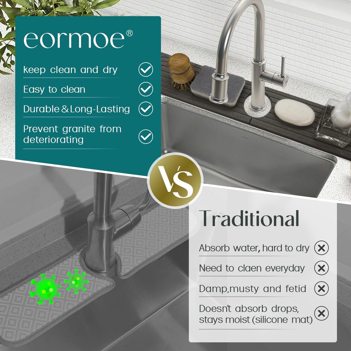 Diatomite Sink Splash Guard - DryingNeat Kitchen Faucet Mat, Instant Dry Water Absorbing Stone Tray for Sink, Durable Protector for Kitchen Bathroom Counter [Light Grey, 17.7" x 3.9"]