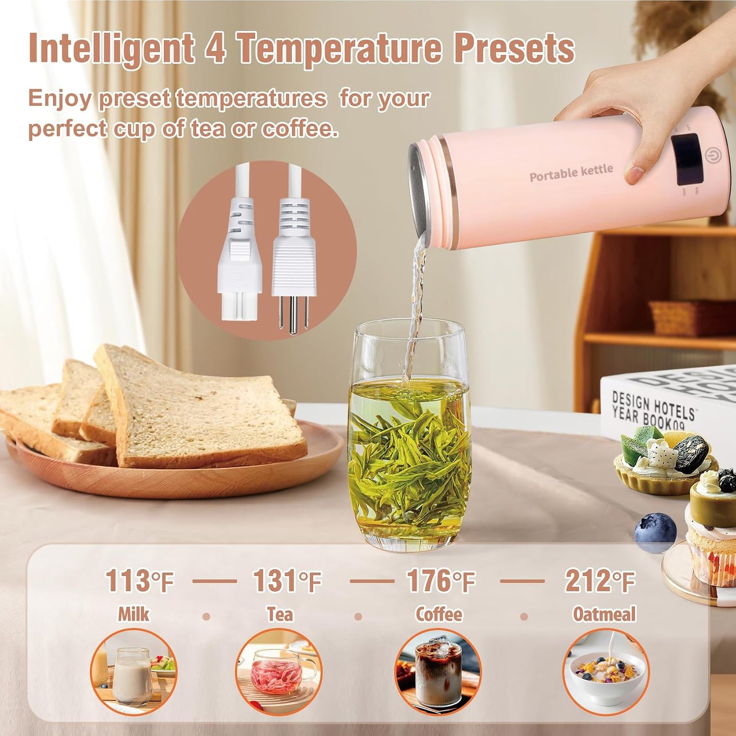 Touxila Portable Electric Kettle for Travel 120V, 13.5oz, 4 Temp Settings | 304 Stainless Steel Lining,Fast Boiling Water,Auto Shut-Off,Boil Dry Protection,Small Kettle for Office & Hotel(Beige, 400ML)