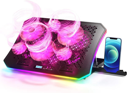 KeiBn Upgarde Laptop Cooling Pad, RGB Lights Laptop Cooler 6 Fans for 15.6-17.3 Inch Laptops, 7 Height Stands, 10 Modes Light, 2 USB Ports, Desk or Lap Use (A8,Blue)