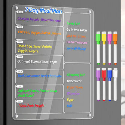 Acrylic Meal Planner Weekly Calendar Menu Board for Kitchen, w/ 8 Markers | Clear Weekly Fridge Calendar Planning Note Board Dry Erase to Do/Grocery/Shopping List/Chore Chart, 12.8x9’’