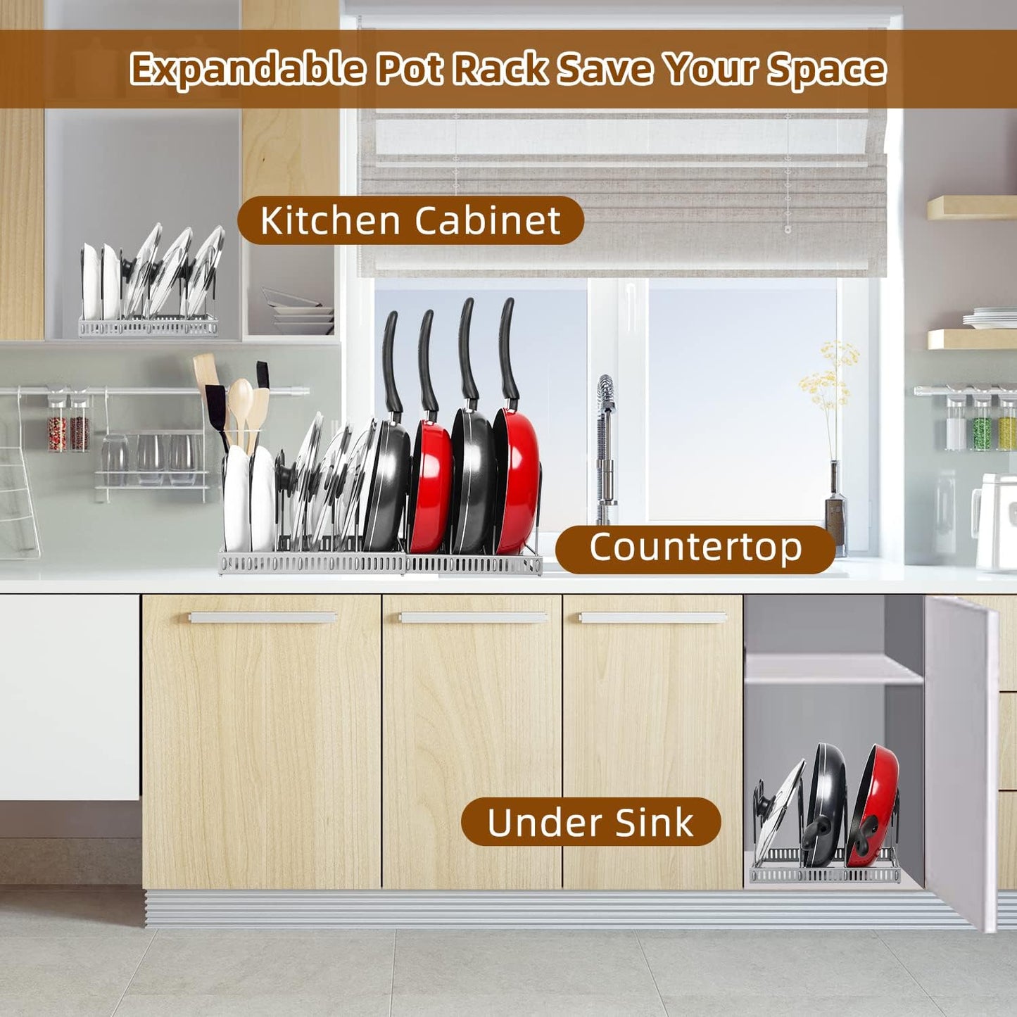 ROOHUA Pot and Pan Lid Organizer Rack for Under Cabinet, 12"-23" Expandable | 10 Adjustable Dividers, Holds Pan Lids, Cookware & Bakeware, Creates Tidy Cabinet Storage, Durable Metal, Bronze
