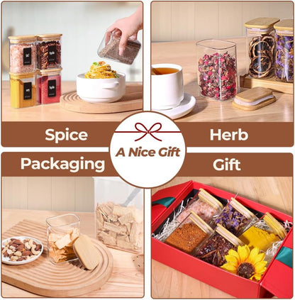 ComSaf Spice Jars 8oz Set of 6, Small Seasoning Containers with 9 Labels | Small Glass Jars With Labels, Empty Rectangle Canisters, Spice Rack Organization, Loose Tea, Herb, Powder, Dry Good, BPA Free