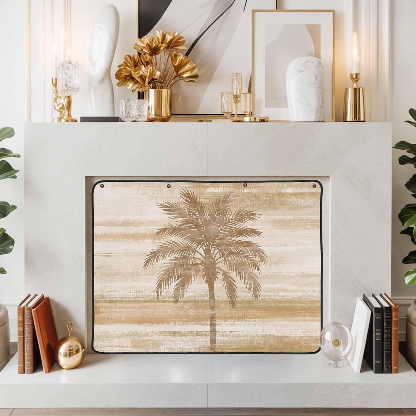 Magnetic Fireplace Cover Beige Summer Palm Tree Fireplace Screen Decorative Tropical Leaves Plant Insulation Fireplace Blocker Save Energy Fireplace Draft Stopper Covers for Living Room 45x34 Inch