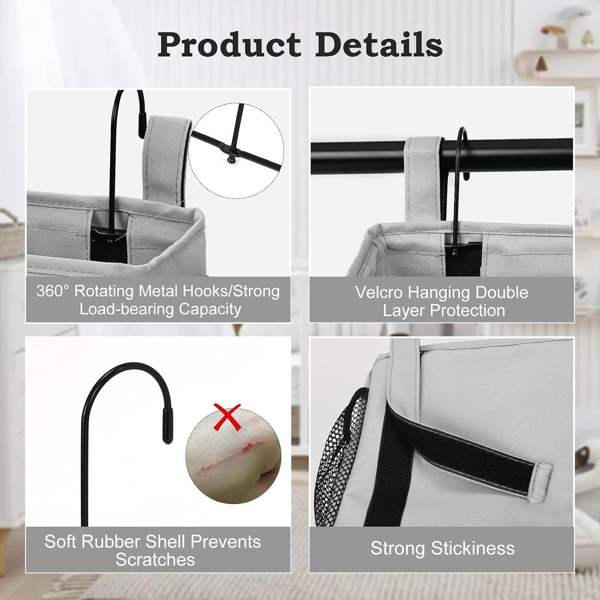 Surblue Bedside Organizer with Hook Bedside Caddy Hanging Storage Bag with Adjustable Straps and Water Bottle Holder for Home College Dorm Bunk Bed Accessories, Crib Bed Rails, Hospital Bed, Black