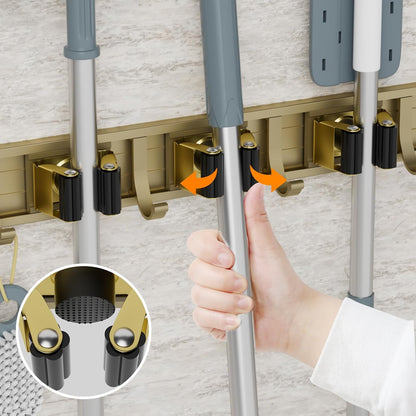 reliahom Broom Holder Wall Mount Mop Hanger Tools organizer 5Racks 4Hooks | Adjustable Mop Broom Wall Hanging Heavy duty Tools Storage Rack Space-saving for Garage,Kitchen,Laundry Room,Garden, Silver