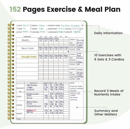 Fitness & Food Journal for Women, Undated 150-day Workout & Wellness Planner with Measuring Tape, Pink Weight Loss Journal for Setting Goals Tracking Exercise Training Diet Progress (9.5’’*7’’)