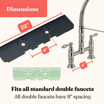 2 Hole Kitchen Sink Splash Guard (22 INCH) Wide-Modern Faucet Mat for Kitchen Sink-Flexible, Durable, Silicone Faucet Splash Guard Grey-Double Handle Faucets with 8” Spacing-Easy to Clean