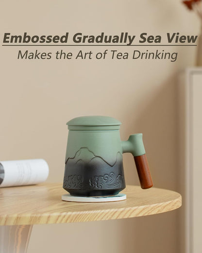 ZENS Tea Cup with Infuser and Lid & Coaster for Tea Steeper, 15oz Blue | Embossed Ceramic Tea Infuser Mug for Loose Leaf Tea Difussers, Tea Lovers Gifts, Nature Wood Handle