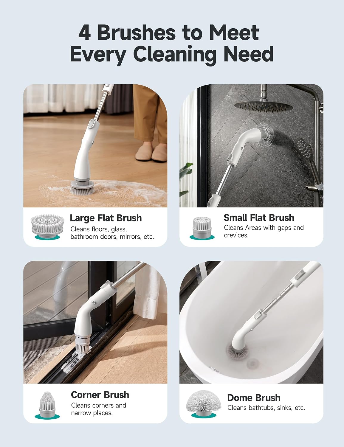 Electric Spin Scrubber HS1, Cordless Shower Scrubber for Cleaning with 4 Replaceable Brush Heads Adjustable Extension Handle, IPX7 Waterproof Cleaning Brush for Bathroom Floor White