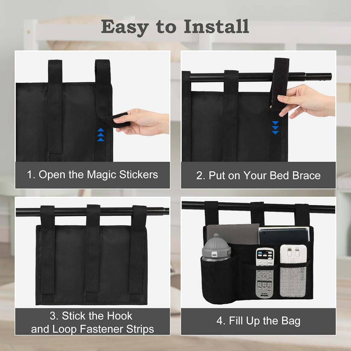 Surblue Bedside Caddy Bed Organizer Hanging Storage Bag for Hospital Beds Bunk Rooms Baby College Dorm Bed Rails Camp Wheelchairs,4 Pockets,Black