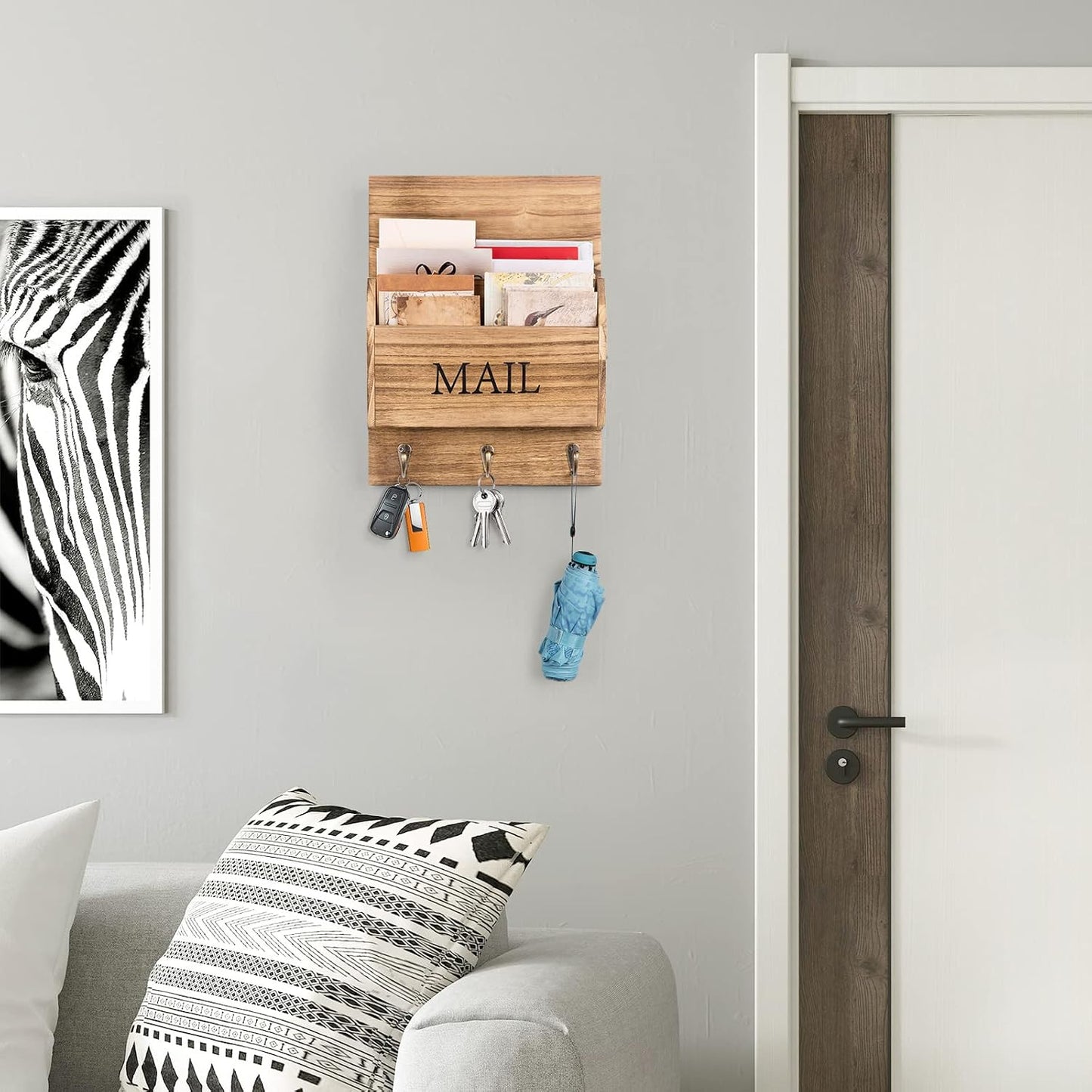 DLQuarts Solid Wood Mail Organizer with Key Holder for Wall, Mail Sorter Wall Mounted, Decorative Wooden Key and Mail Holder with 3 Hooks, White