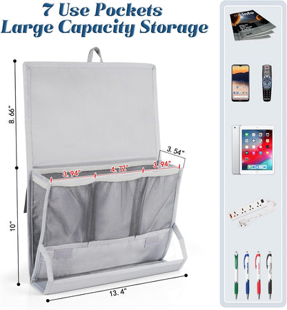 Bedside Caddy Organizer for Dorm Bed Rails with 7 Pockets, Gray | Bed Pockets Bedside Storage with Power Strip Holder & 2 Adjustable Straps for Home, College, Dorm, Hospital Bedside Organizer