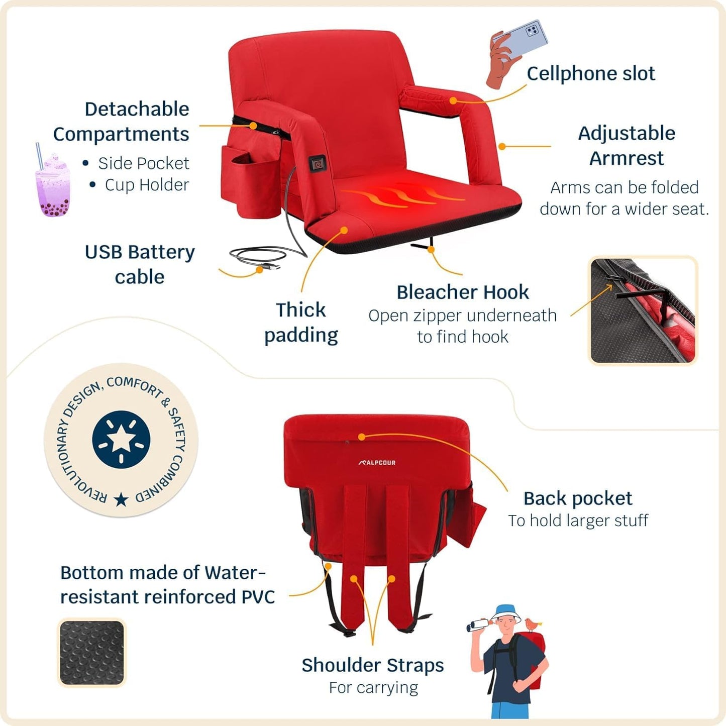 Heated Reclining Stadium Seat for Bleachers – Wide Bleacher Chair with Back Support and Cushion, Armrests, Side Pockets, & Hook – Stadium Seats Chairs for Camping, Kayak, Paddle Board & More