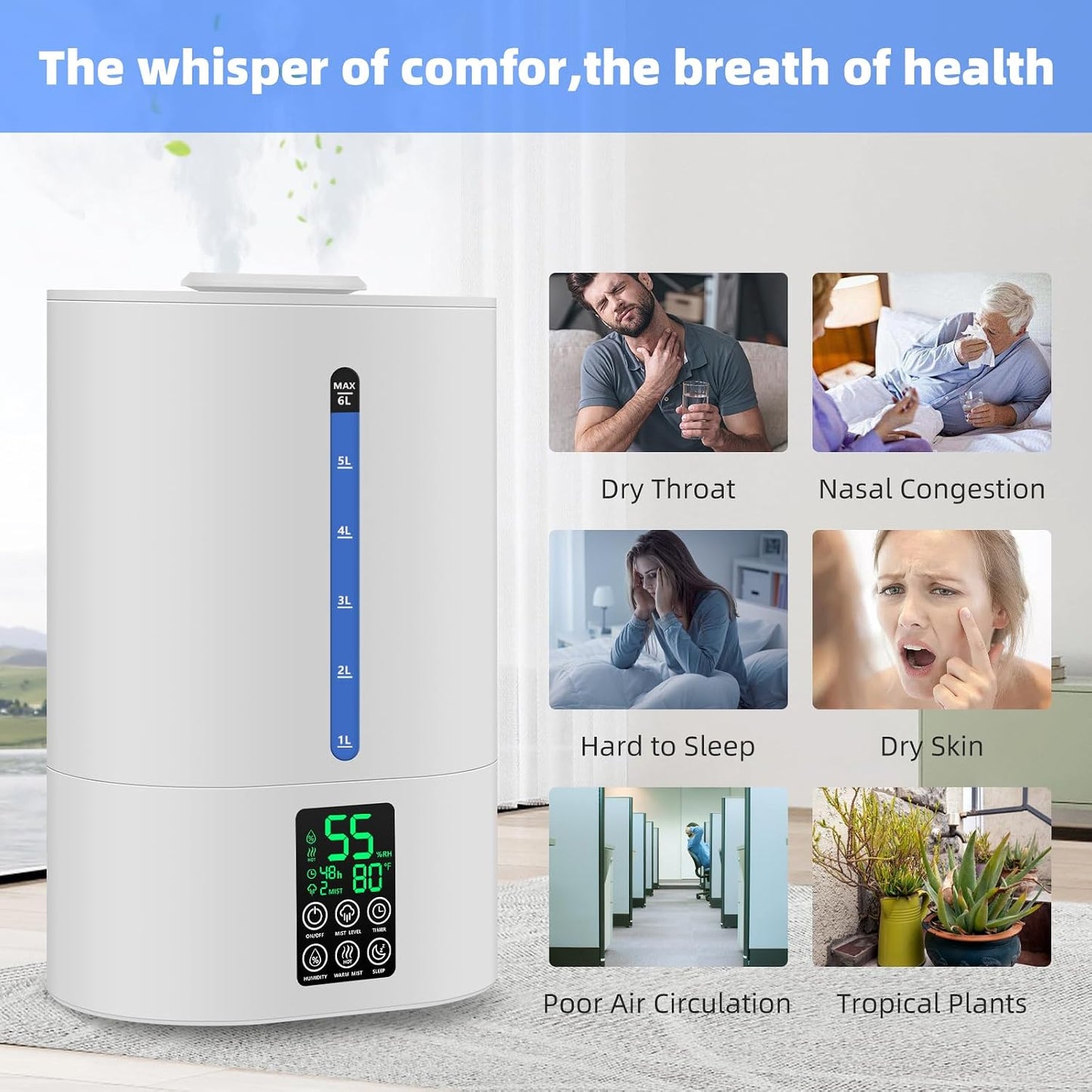 Coolfiqu 6L Humidifiers for Bedroom Large Room Home,Cool and Warm Humidifier for Baby and Plants Hot Mist Top Fill Desk Humidifier Oil Diffuser,Quiet,Auto Mode,360°Nozzle-Midnight Black(2026 Upgraded)