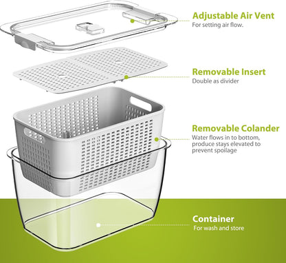 LUXEAR 4 Pack Fruit Vegetable Containers for Fridge, Produce Saver Container with Lids &Removable Colander BPA-free Refrigerator Storage Organizer for Fruit Vegetable, Berry, Meat keep Fresh Longer | BPA Free with Removable Colanders Leak-proof Fridge