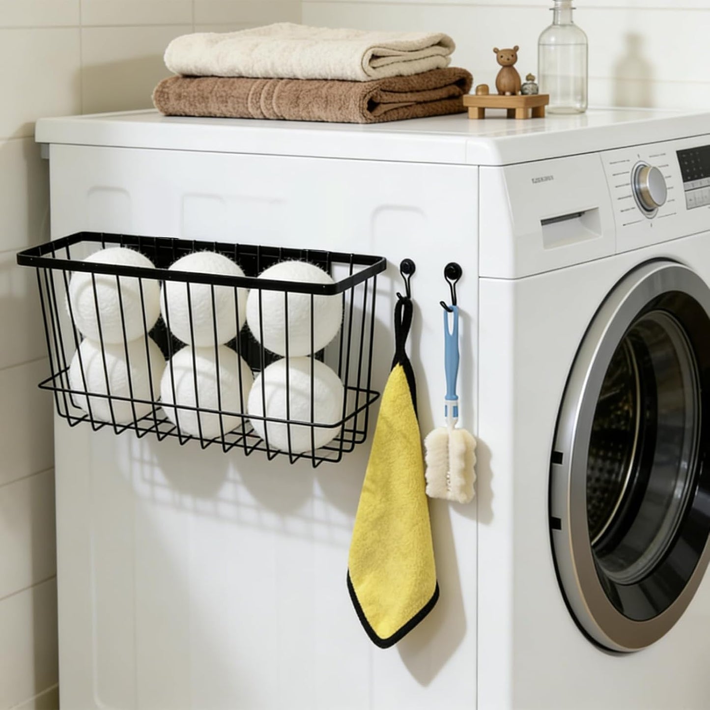 Magnetic Holder for Wool Dryer Balls & Lint Bin (2-Pack, Black) – Extra Long 14.2" & 10.4" Metal Laundry Trash Can – Washer Side Organizer with 4 Magnetic Hooks (Balls Not Included)