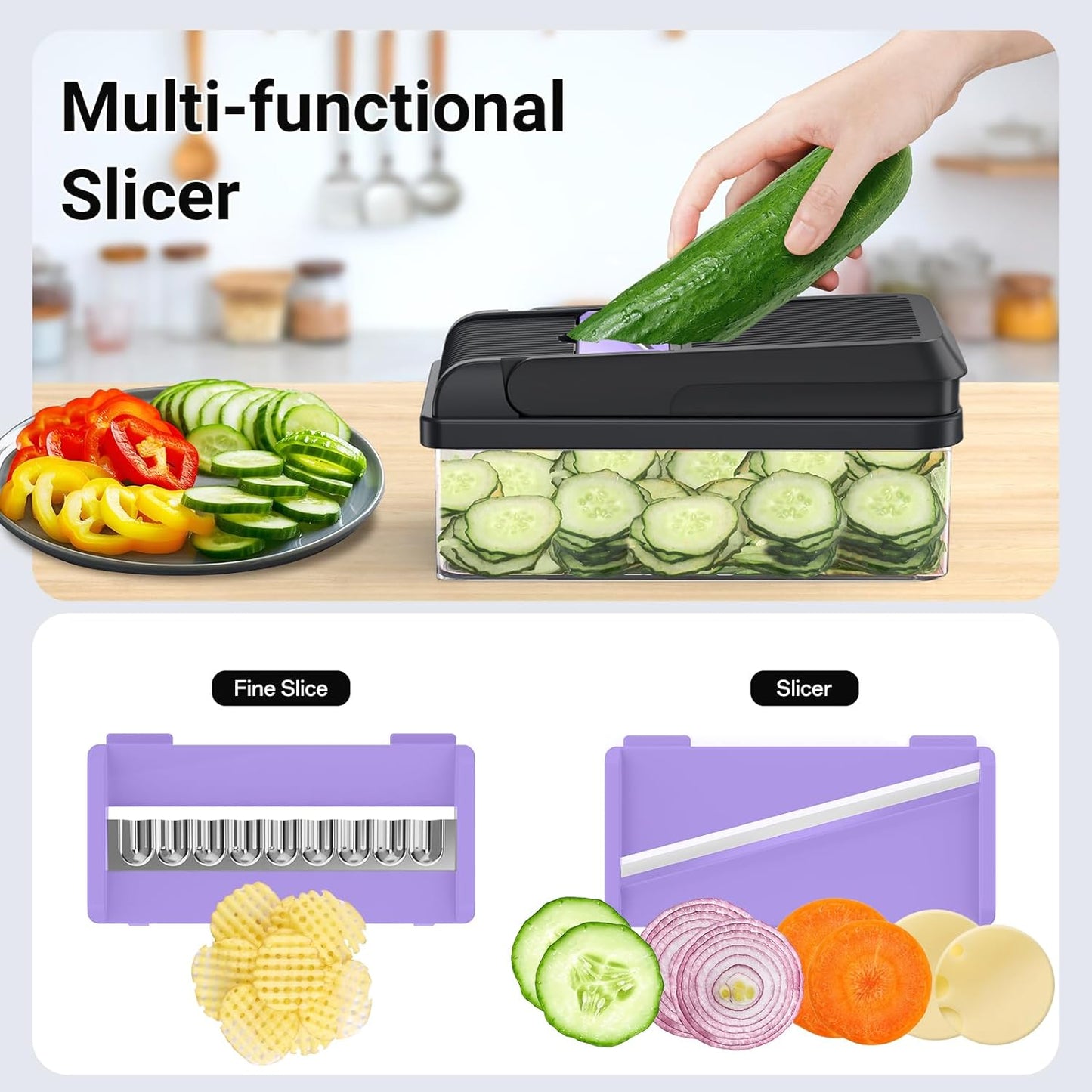 12-in-1 Vegetable Chopper with 7 Blades, Food Veggie Cutter, Green | Includes Egg Separator, Food Container and Finger Guard, Non-slip Base, for Chopping, Slicing, Shredding, and Mincing