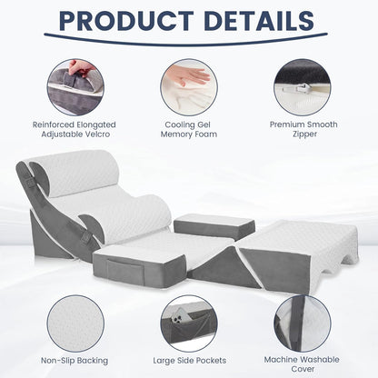 5PCS Wedge Pillow Set for After Surgery, Adjustable Orthopedic Foam Bed Wedge Pillow for Acid Reflux, GERD & Heartburn Relief, Back & Leg Elevation Support for Sleeping & Sitting Up, White Grey