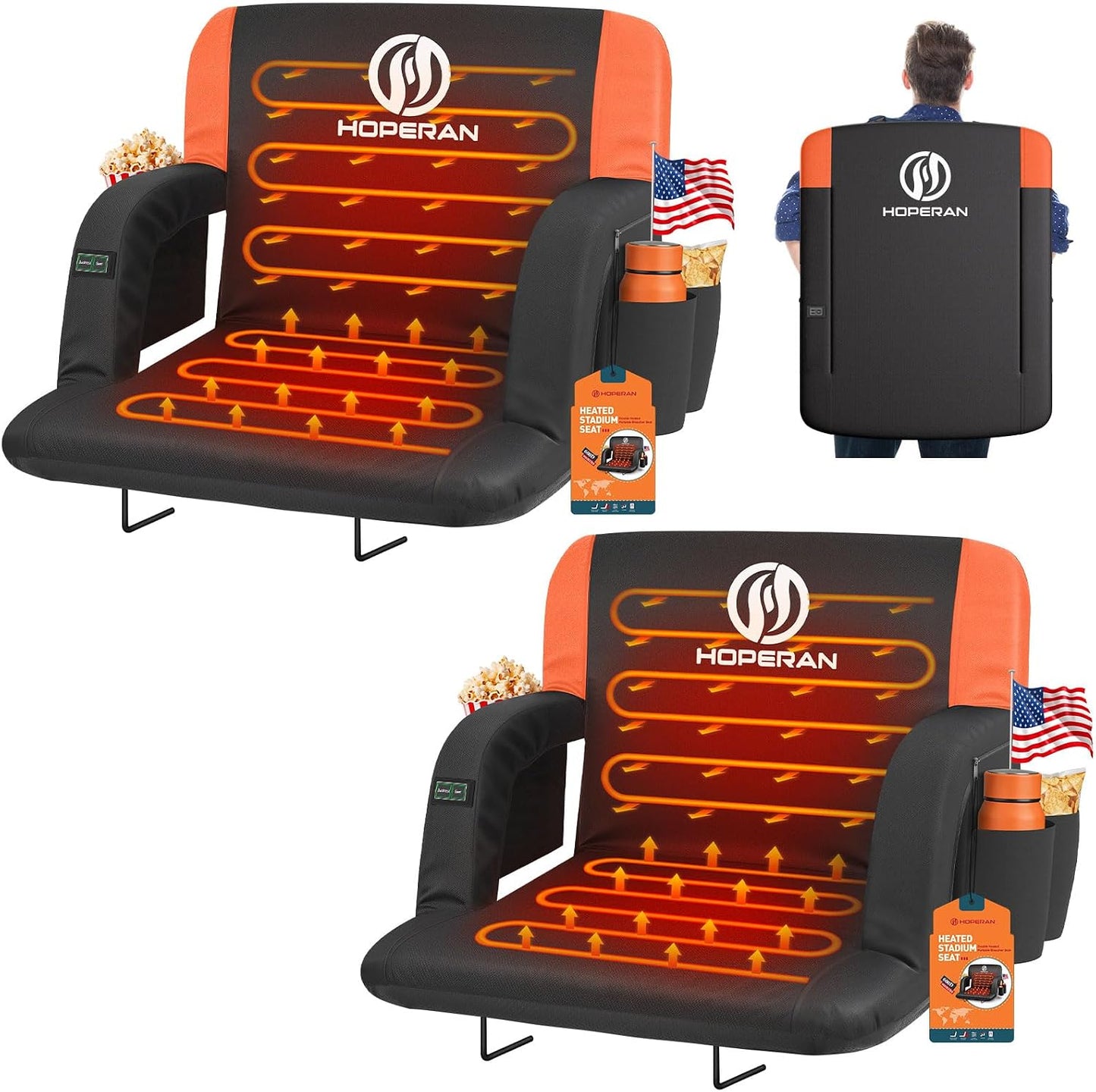 HOPERANHeated Stadium Seats Orange | Independent Seat & Back 3 Level Heat (NO Battery), Soft Cushion, 6 Recliner, Anti-Slip, Side Pockets, Backpack Straps