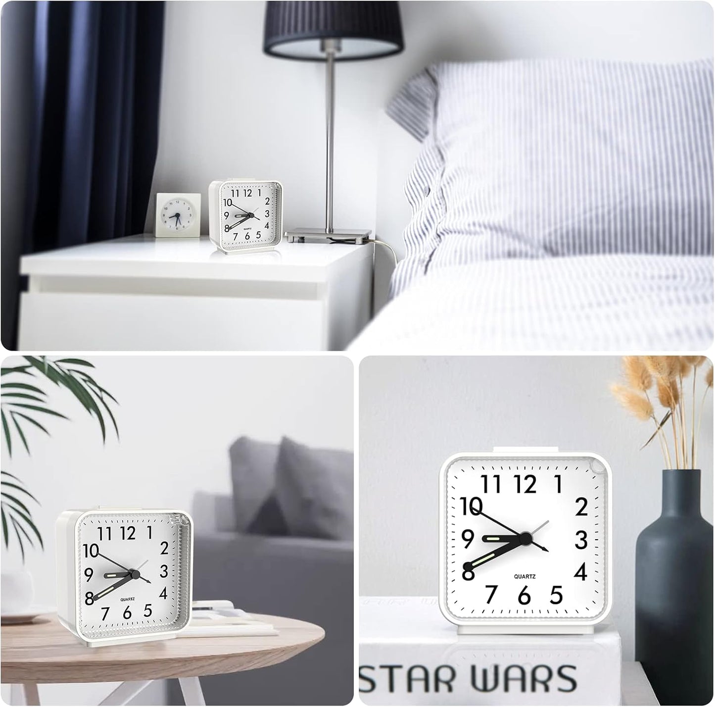 Analog Alarm Clock, Silent Non Ticking Table Clock, Travel Bedside Clock with Snooze, Night Light, Ascending Beep Sounds, Battery Operated Loud Small Clocks for Bedroom Travel Office, Black