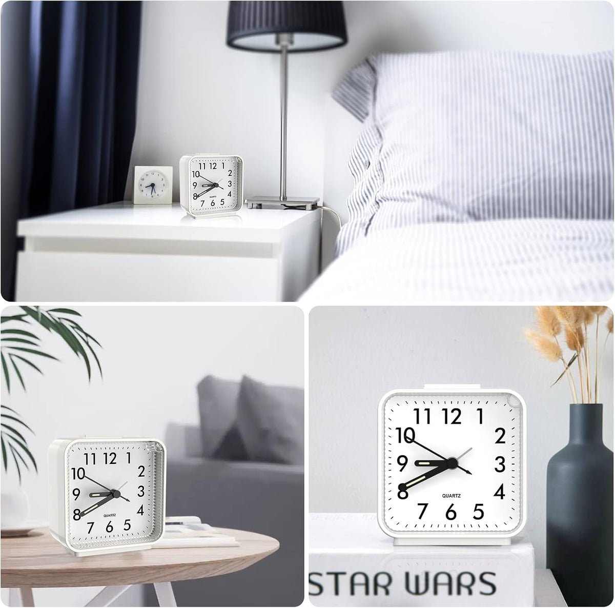 Analog Alarm Clock, Silent Non Ticking Table Clock, Travel Bedside Clock with Snooze, Night Light, Ascending Beep Sounds, Battery Operated Loud Small Clocks for Bedroom Travel Office, Black