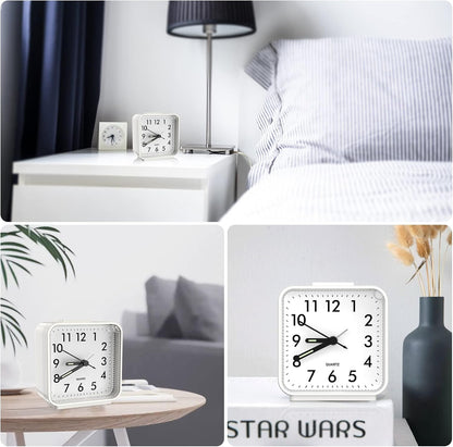 Analog Alarm Clock, Silent Non Ticking Table Clock, Travel Bedside Clock with Snooze, Night Light, Ascending Beep Sounds, Battery Operated Loud Small Clocks for Bedroom Travel Office, Black
