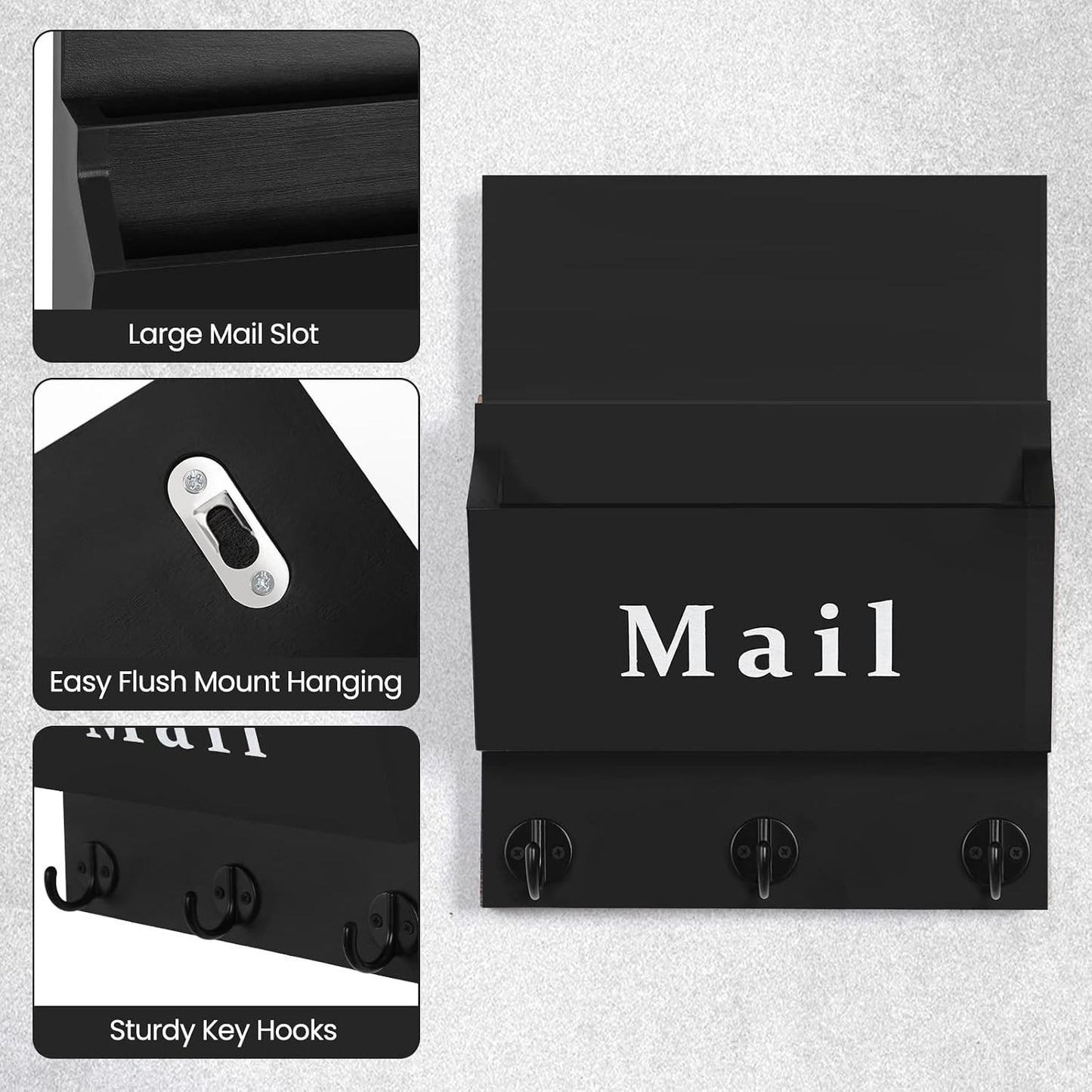 Mail and Key Holder, Wall Key Holder with 2 Mail Organizer Slot and 3 Hooks | Decorative 8.86" x 11.42" Mail Holder, Real Paulownia Wood with Keyhole Brackets, Hardware and Instructions