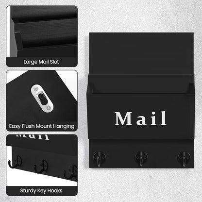 Mail and Key Holder, Wall Key Holder with 2 Mail Organizer Slot and 3 Hooks | Decorative 8.86" x 11.42" Mail Holder, Real Paulownia Wood with Keyhole Brackets, Hardware and Instructions