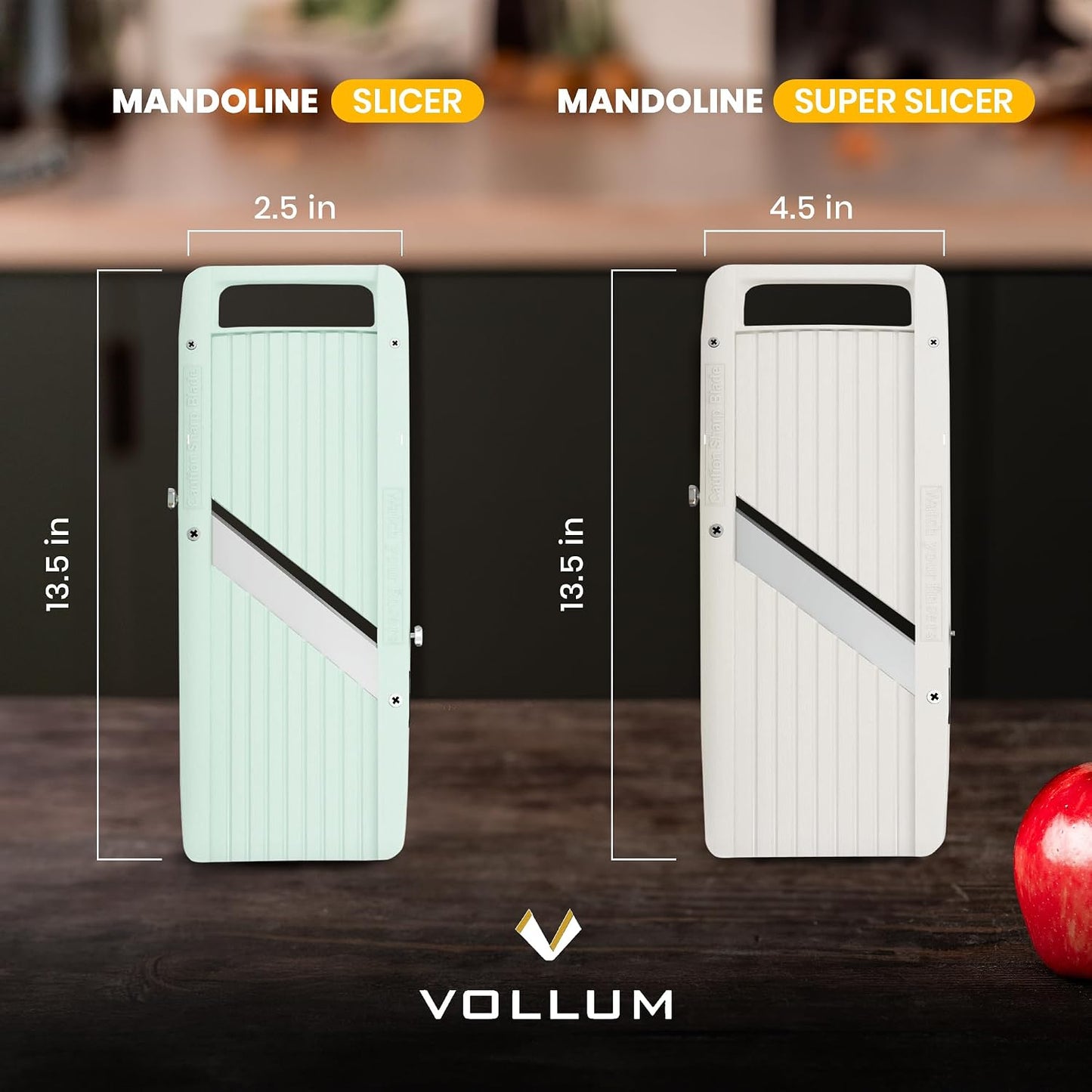 Vollum Mandoline Slicer Vegetable Cutter Stainless Steel Blades | Narrow handheld manual food slicer with interchangeable blades for precise, professional-style kitchen prep.