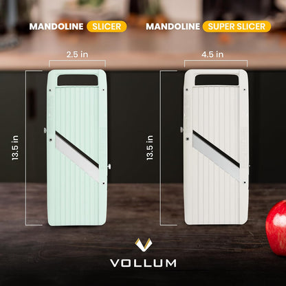 Vollum Mandoline Slicer Vegetable Cutter Stainless Steel Blades | Narrow handheld manual food slicer with interchangeable blades for precise, professional-style kitchen prep.