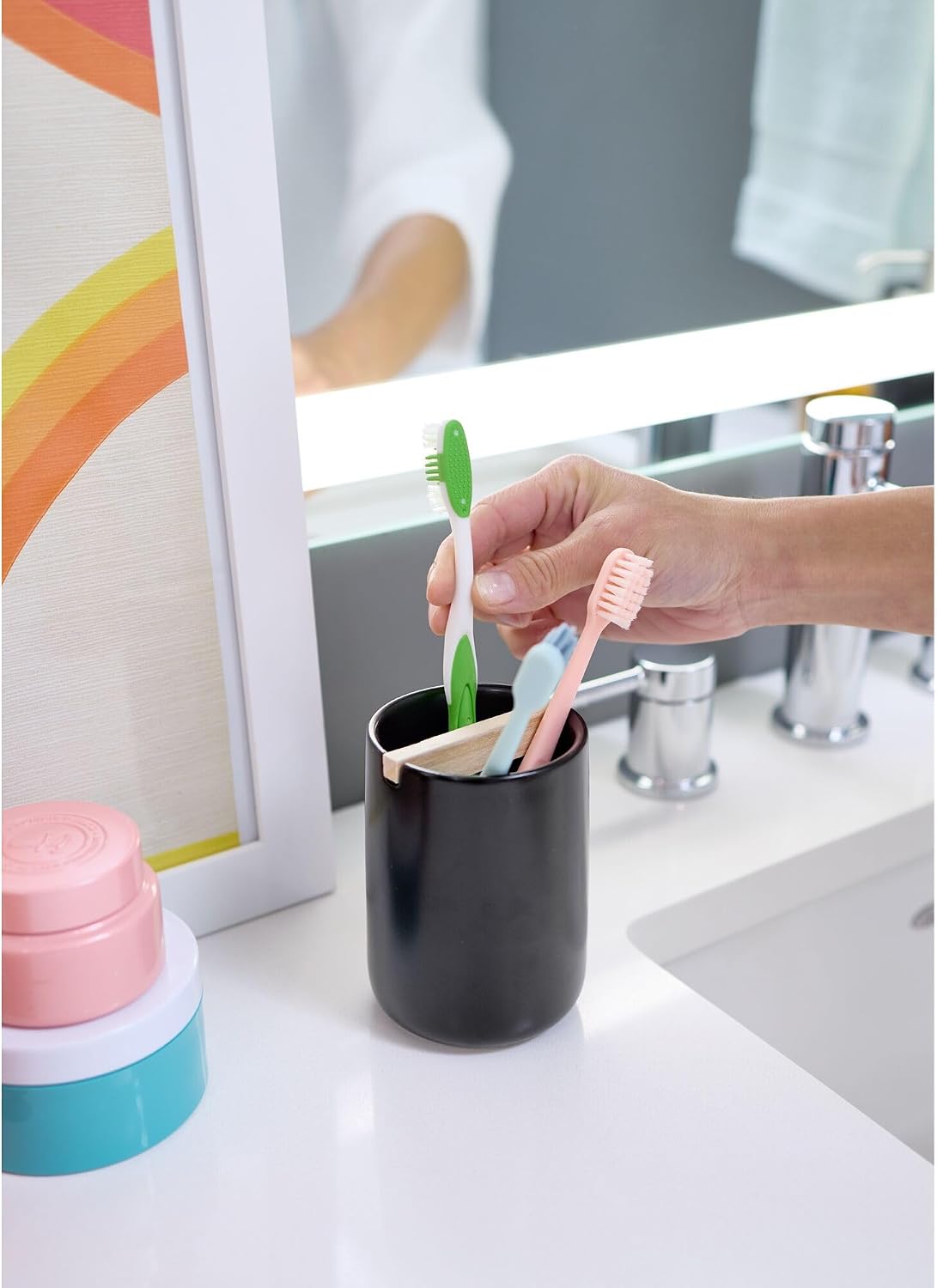 iDesign Ceramic Earth Collection Toothbrush Holder, Moss/Natural Wood | Paulownia Wood Divider