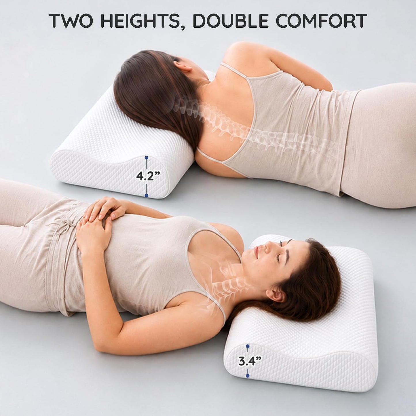 Contour Memory Foam Cervical Pillow for Neck Pain Relief, White | Orthopedic neck support | Standard size | side/back/stomach sleep | cervical alignment | two height choices | washable cover
