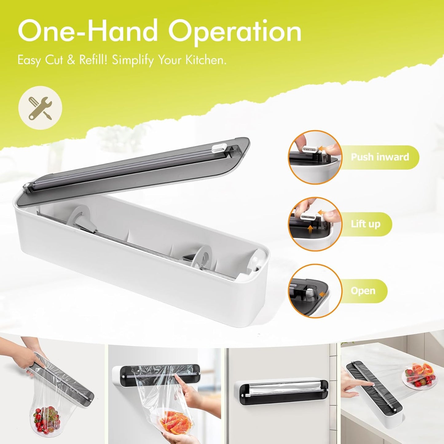 Aluminum Foil & Plastic Wrap Dispenser with Cutter - Magnetic & No-Drill Wall Mount, Cling Film Dispenser for Countertops & Cabinets, Space-Saving Kitchen Organizer - Fits 150 m Rolls, Black