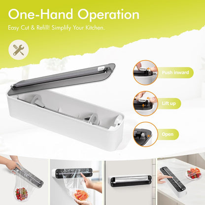 Aluminum Foil & Plastic Wrap Dispenser with Cutter - Magnetic & No-Drill Wall Mount, Cling Film Dispenser for Countertops & Cabinets, Space-Saving Kitchen Organizer - Fits 150 m Rolls, Black