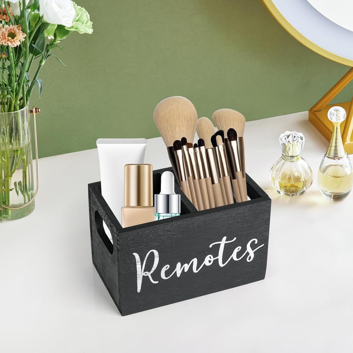 360° Rotating Remote Control Holder, Wooden TV Remote Holder for Table, Desk Organizer Caddy Media Storage Box for Living Room,Nightstand,Couch (Black)