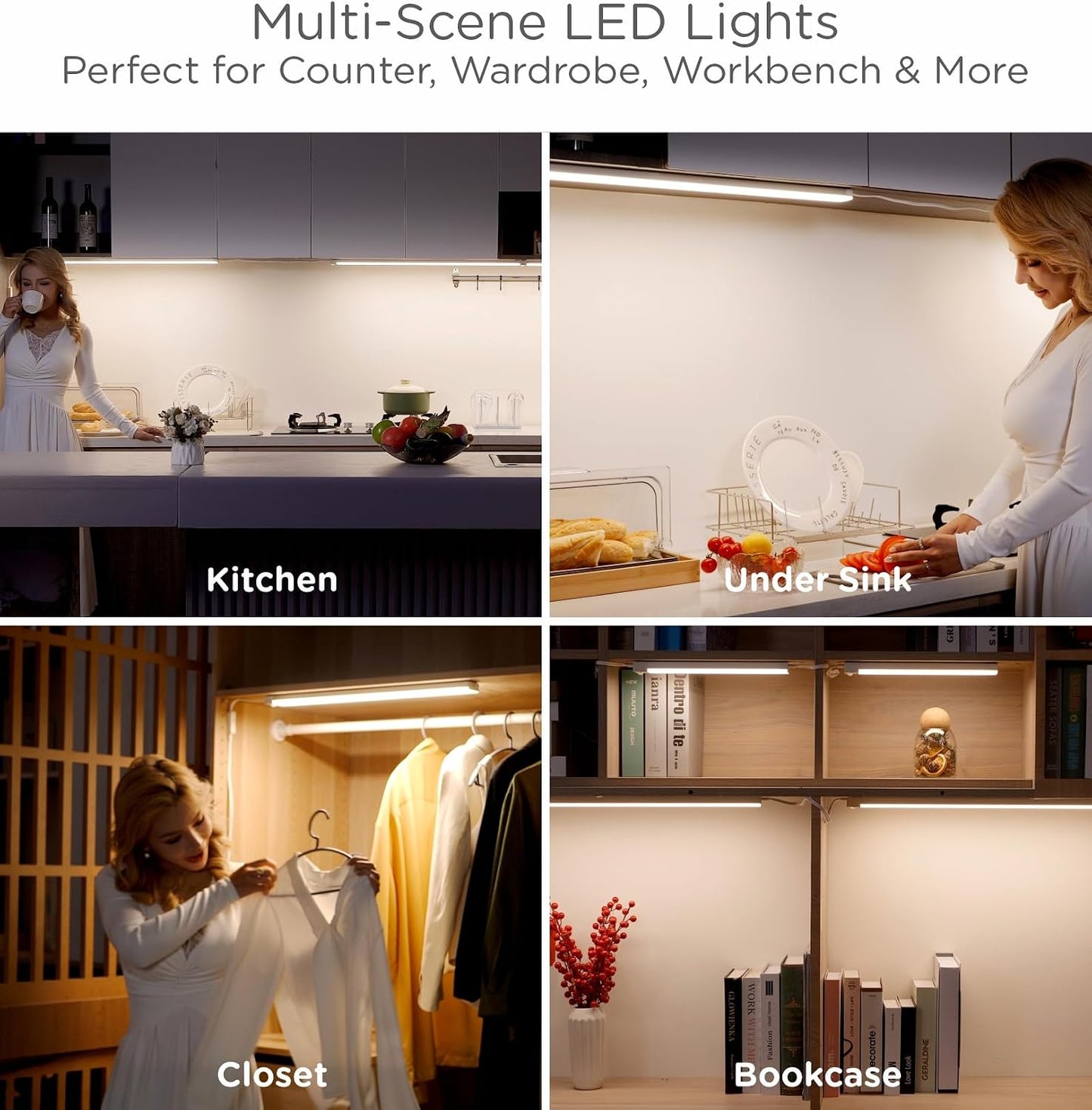 Leetdud Under Cabinet Lighting Plug in 16 Inch, 120V Motion Sensor Lights Indoor, 3CCT 3000/4000/5000K, Aluminum Linkable Super Bright LED Counter Light with Timer for Kitchen, Closet, White, 1 Pack