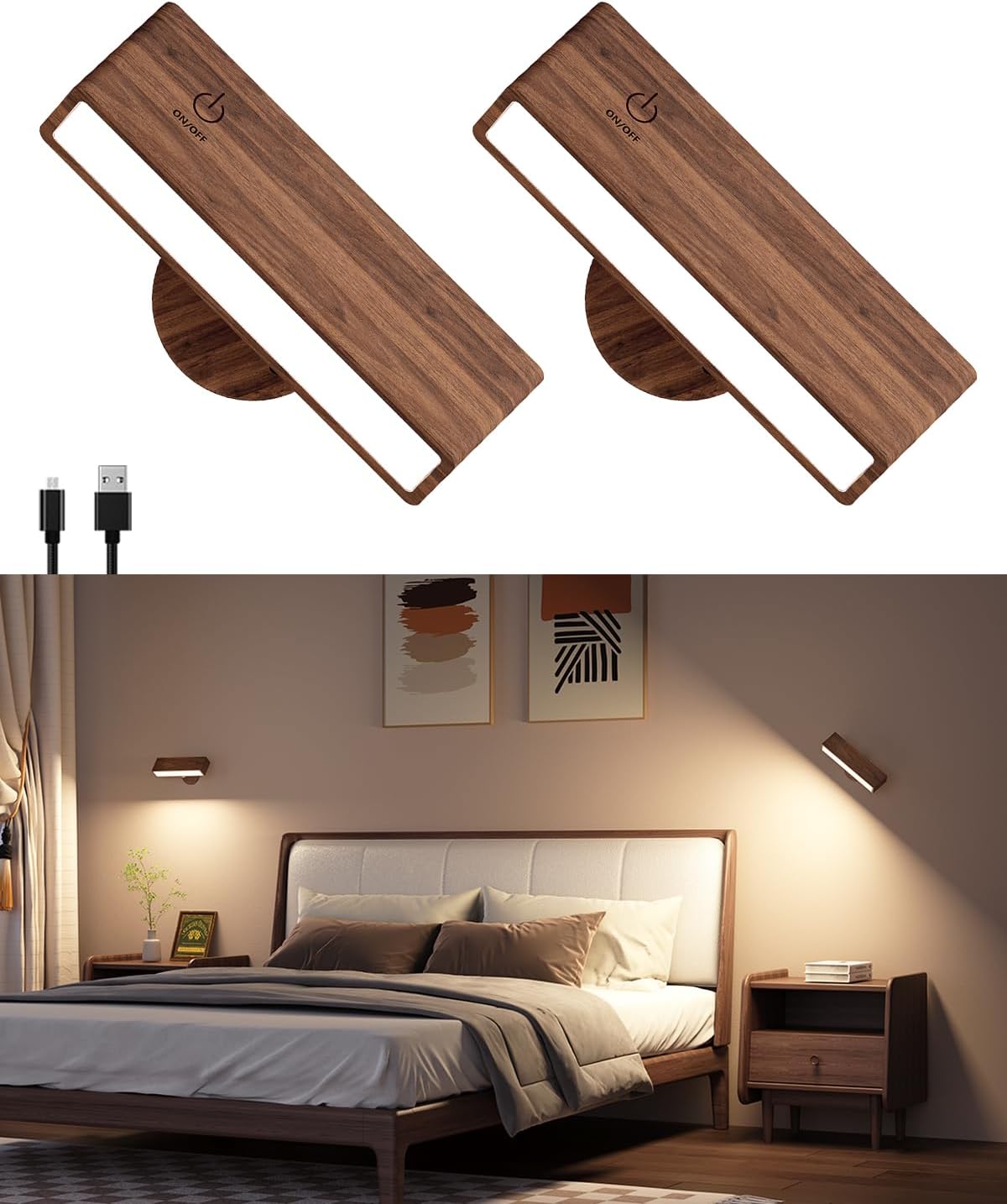 DetarZinLED Wall Lights Battery Operated Wooden,Magnetic Wall Sconces Rechargeable,Adhesive Wall Lights for Bedroom,Dimmable Wall Mounted Bedside Lamp,Cordless Battery Wall Sconce for Bedroom Reading