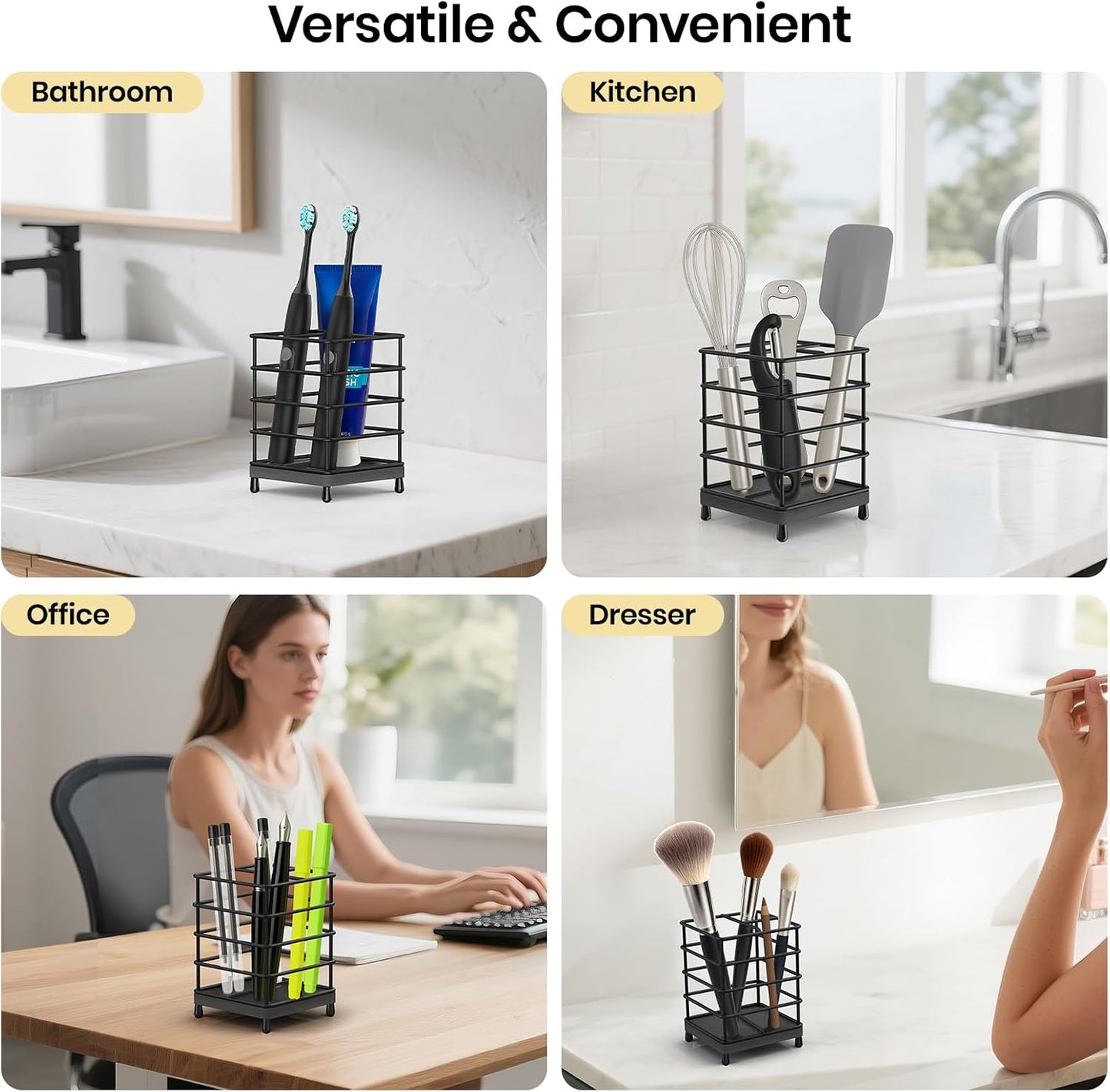 Toothbrush Holder with Quick Drying Mat—Toothbrush and Toothpaste Holders for Bathrooms—5 Slots Openwork Design Black Toothbrush Holder Set,Bathroom Counter Organizer for Electric Toothbrush