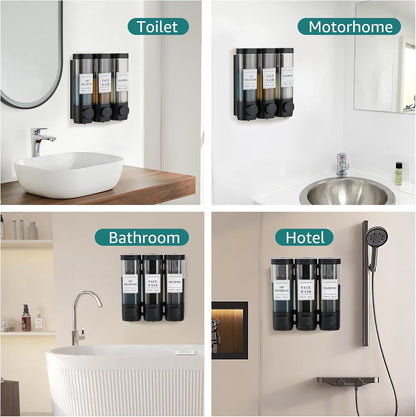 Wall Mounted Shower Soap Dispenser 3 Chamber,No Drill Shower Dispenser | Shampoo and Conditioner Dispenser for Bathroom Hotel Large Capacity, each 300ml with two waterproof labels,Gold