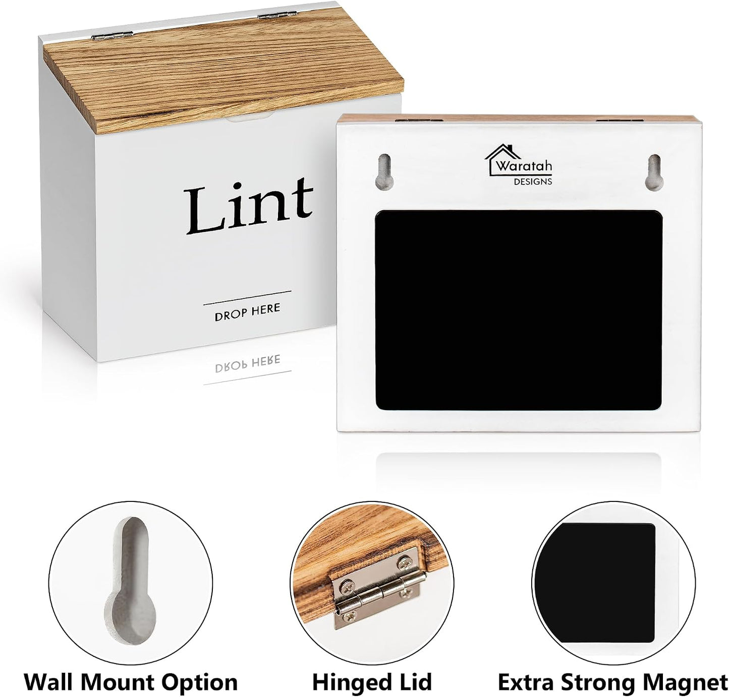 Magnetic Lint Bin for Laundry Room, Compact Size | Wooden Dryer Lint Bin with Lid - Rustic Lint Box, Magnetic Bin - Modern Farmhouse Laundry Room Decor, Black with Torched Lid