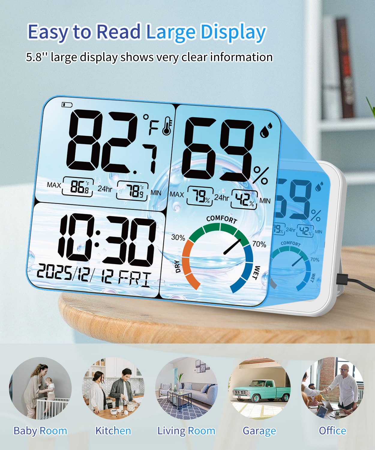 5.8'' Digital Indoor Thermometer Hygrometer, Temp Humidity Monitor & Clock | USB-C & Battery Powered, Large Backlit Display, Calibratable Readings, Max & Min Records, Comfort Level, Date & Time Display