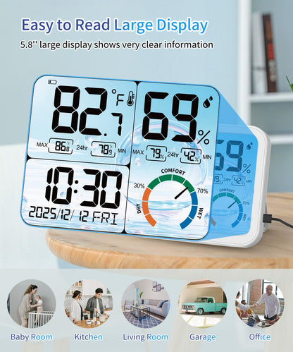5.8'' Digital Indoor Thermometer Hygrometer, Temp Humidity Monitor & Clock | USB-C & Battery Powered, Large Backlit Display, Calibratable Readings, Max & Min Records, Comfort Level, Date & Time Display